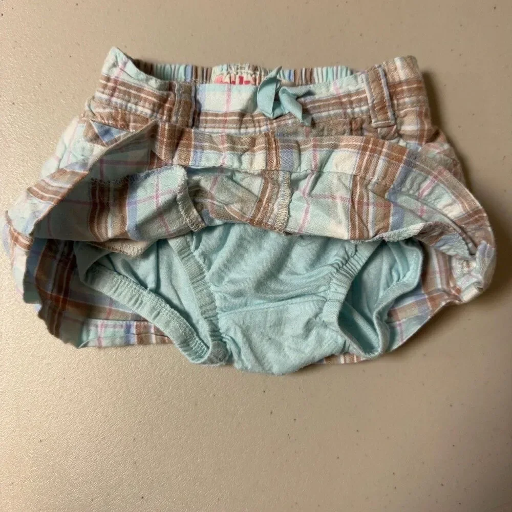 OshKosh Plaid Skirt Girl's 12M Baby Elastic Waist Blue Ribbon Bloomers Summer